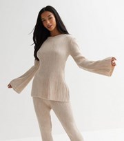 New Look Petite Stone Ribbed Knit Long Flared Sleeve Top